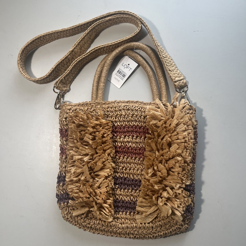 Loft Women's Brown Paper Rafa Striped Weaved Crossbody Purse with Handles NWT